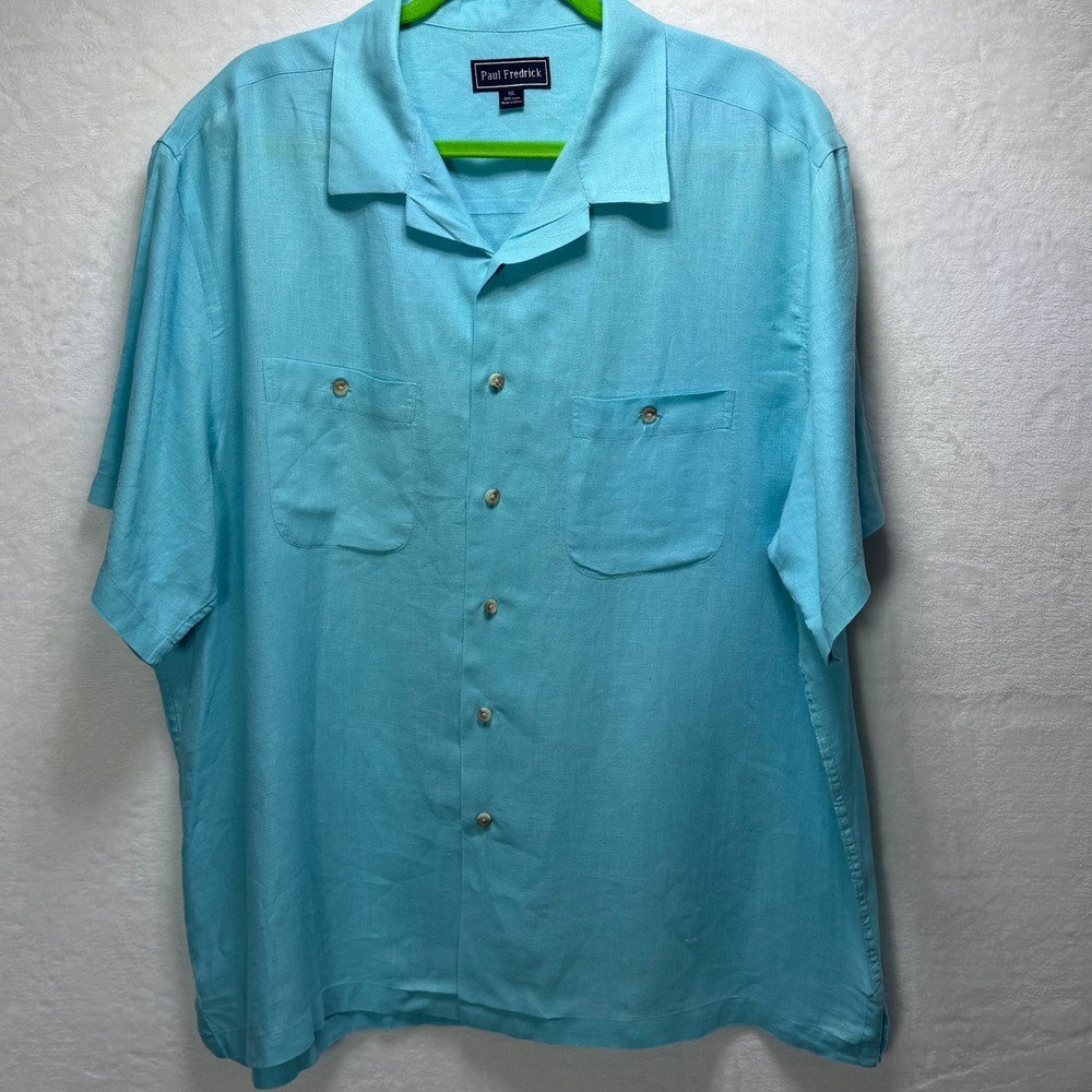 Paul Fredrick Mens 2XL Turquoise 100% Linen Short Sleeve Button Down Beach Shirt